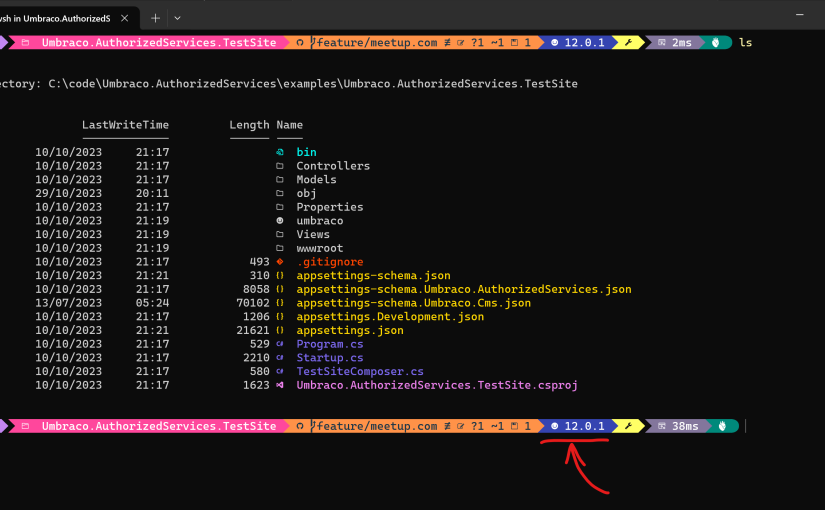 A screenshot showing a terminal that highlights a new segment in the prompt software called Oh My Posh highlighting the current Umbraco version found in that folder